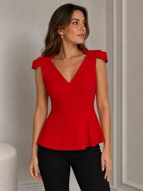 ETCETERA Red Structured Shoulder V-Neckline Peplum Elegant Cocktail Career Top